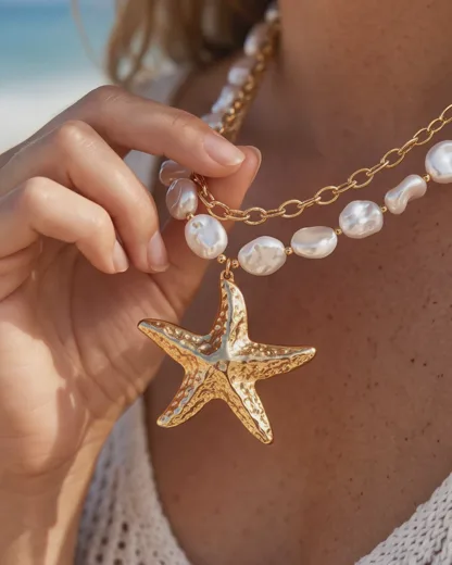 Layered Pearl & Starfish Statement Necklace